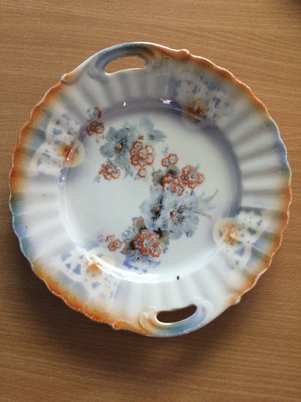 Vintage Bavaria Germany porcelain plate handled orange and blue rim